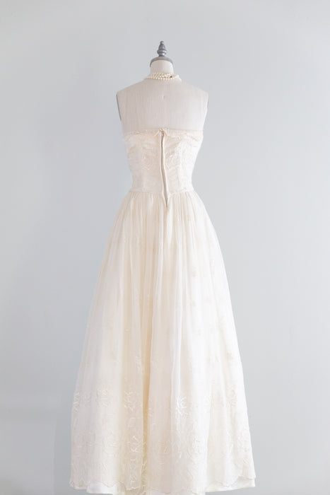 Romantic 1950's Embroidered Wild Rose Chiffon Ivory Wedding Dress / M   Xtabay Vintage