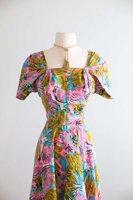 Rare 1940's Nettie Rosenstein Fauvist Landscape Silk Dress / M