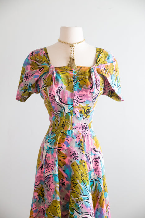 Rare 1940's Nettie Rosenstein Fauvist Landscape Silk Dress / M