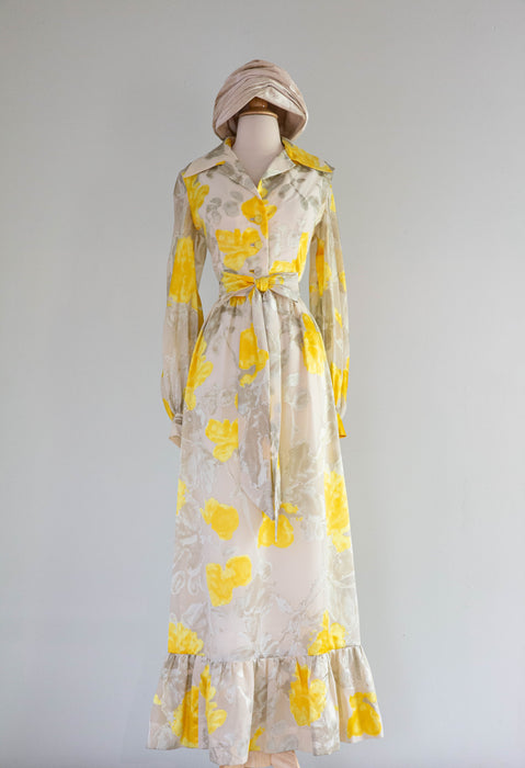 designer maxi dress with sleeves Fabulous Late 1960's Kiki Hart Designer Maxi Dress With Yellow Abstrac – Xtabay Vintage