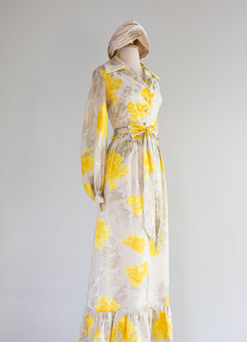 designer maxi dress Fabulous Late 1960's Kiki Hart Designer Maxi Dress With Yellow Abstrac – Xtabay Vintage