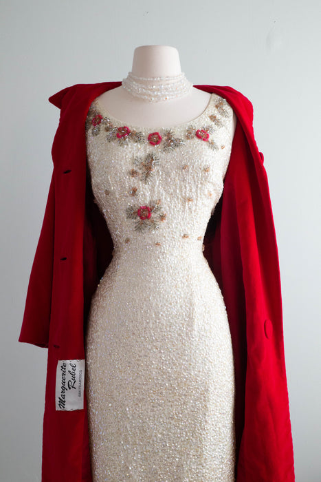 Stunning Late 1950's Aurora Sequined Wiggle Dress With Floral Embroide Xtabay Vintage Stunning Late 1950's Aurora Sequined Wiggle Dress With Floral Embroide Xtabay Vintage
