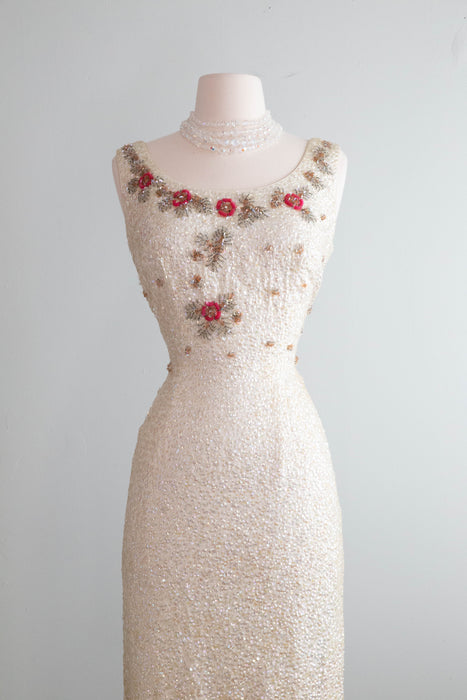 Stunning Late 1950's Aurora Sequined Wiggle Dress With Floral Embroidery / M