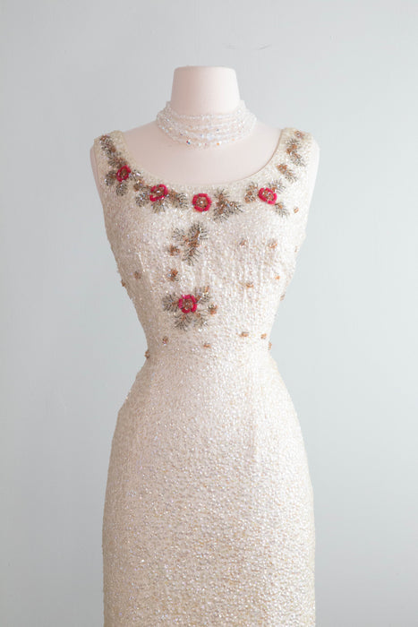 Stunning Late 1950's Aurora Sequined Wiggle Dress With Floral Embroidery / M