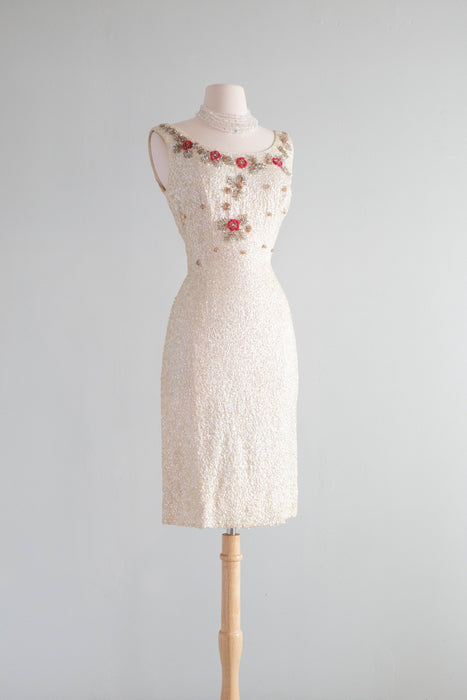 Stunning Late 1950's Aurora Sequined Wiggle Dress With Floral Embroidery / M