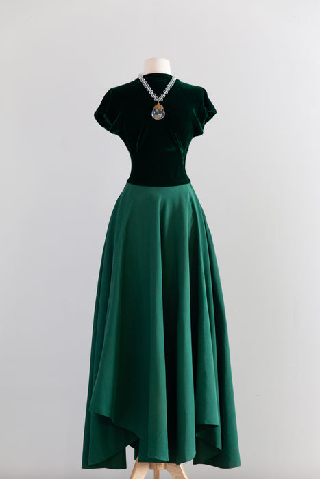 Exquisite 1940's Emerald Green Silk Velvet & Faille Evening Gown / Small