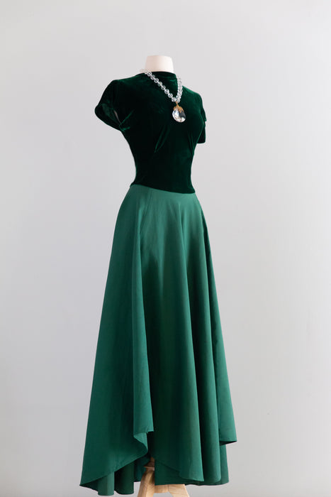 Exquisite 1940's Emerald Green Silk Velvet & Faille Evening Gown / Small