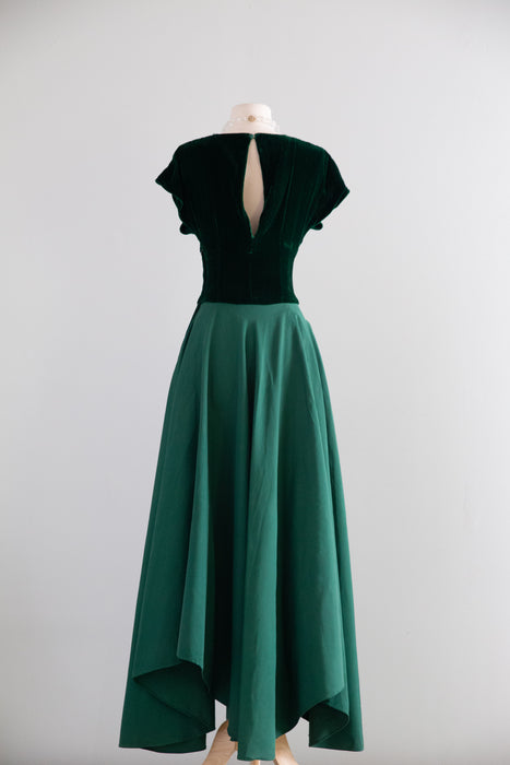 Exquisite 1940's Emerald Green Silk Velvet & Faille Evening Gown / Small