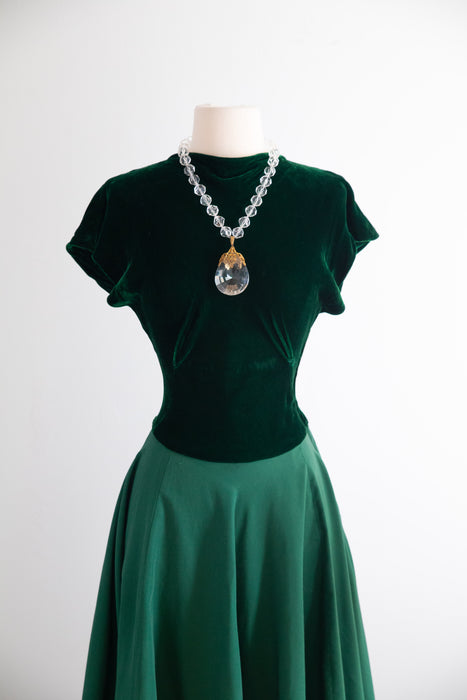 Exquisite 1940's Emerald Green Silk Velvet & Faille Evening Gown / Small