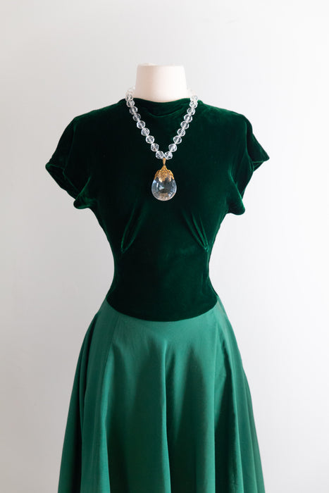 Exquisite 1940's Emerald Green Silk Velvet & Faille Evening Gown / Small