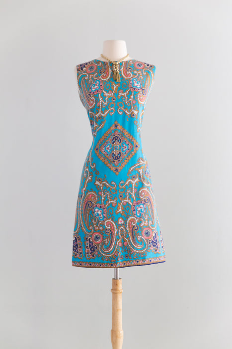Fabulous 1960's Cotton Shift Dress In Turquoise & Pink / M