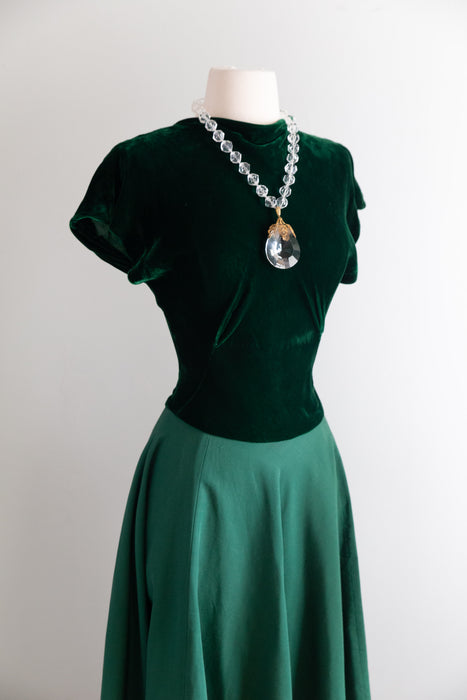 Exquisite 1940's Emerald Green Silk Velvet & Faille Evening Gown / Small
