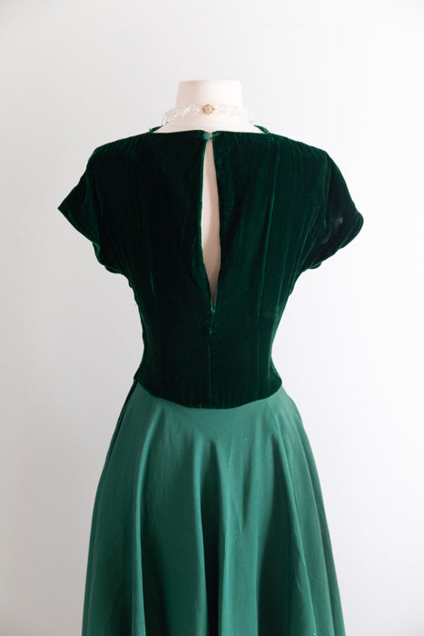 Exquisite 1940's Emerald Green Silk Velvet & Faille Evening Gown / Small