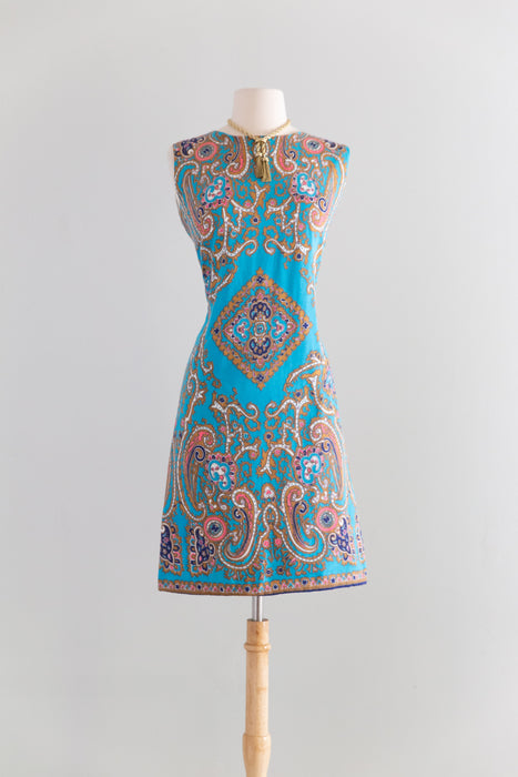 Fabulous 1960's Cotton Shift Dress In Turquoise & Pink / M
