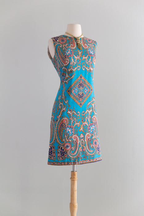Fabulous 1960's Cotton Shift Dress In Turquoise & Pink / M