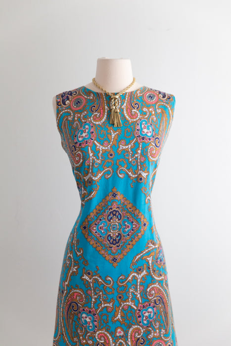 Fabulous 1960's Cotton Shift Dress In Turquoise & Pink / M