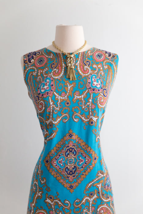 Fabulous 1960's Cotton Shift Dress In Turquoise & Pink / M