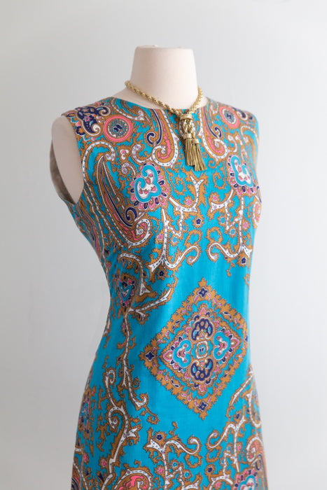Fabulous 1960's Cotton Shift Dress In Turquoise & Pink / M