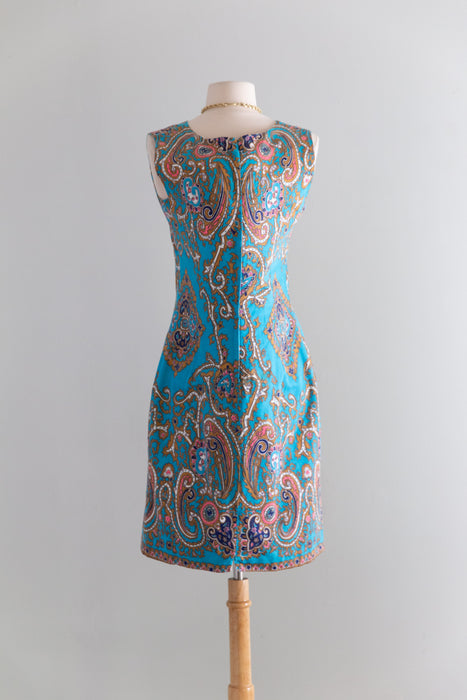 Fabulous 1960's Cotton Shift Dress In Turquoise & Pink / M