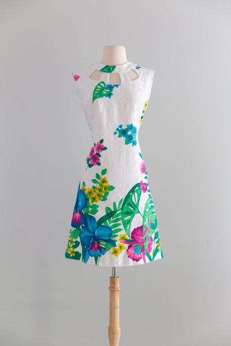 Chic 1960's Tropical Print Cotton Shift Dress / M