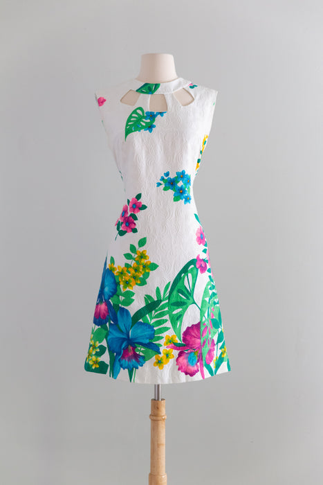 Chic 1960's Tropical Print Cotton Shift Dress / M