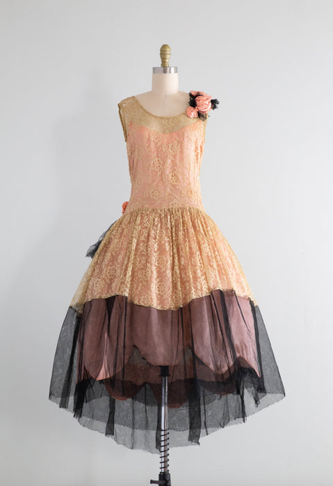 Exquisite 1920's Robe de Style Flapper Dress In Salmon Pink & Black / Xtabay Vintage Exquisite 1920's Robe de Style Flapper Dress In Salmon Pink & Black / Xtabay Vintage