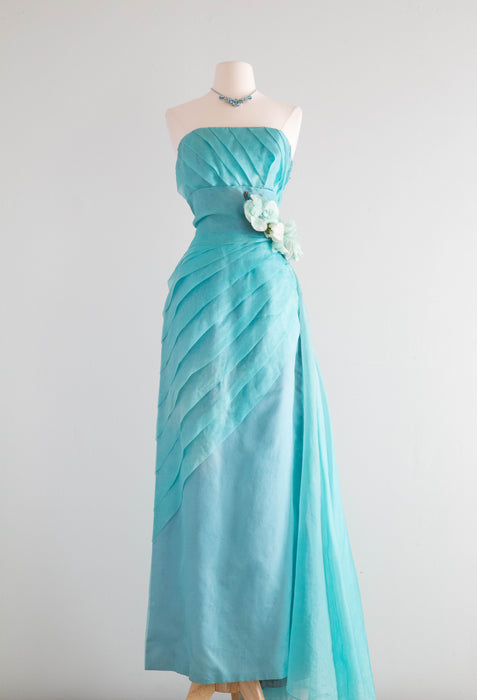 Stunning 1950's Emma Domb Pleated Organza Formal Gown In Aquamarine / Xtabay Vintage Stunning 1950's Emma Domb Pleated Organza Formal Gown In Aquamarine / Xtabay Vintage