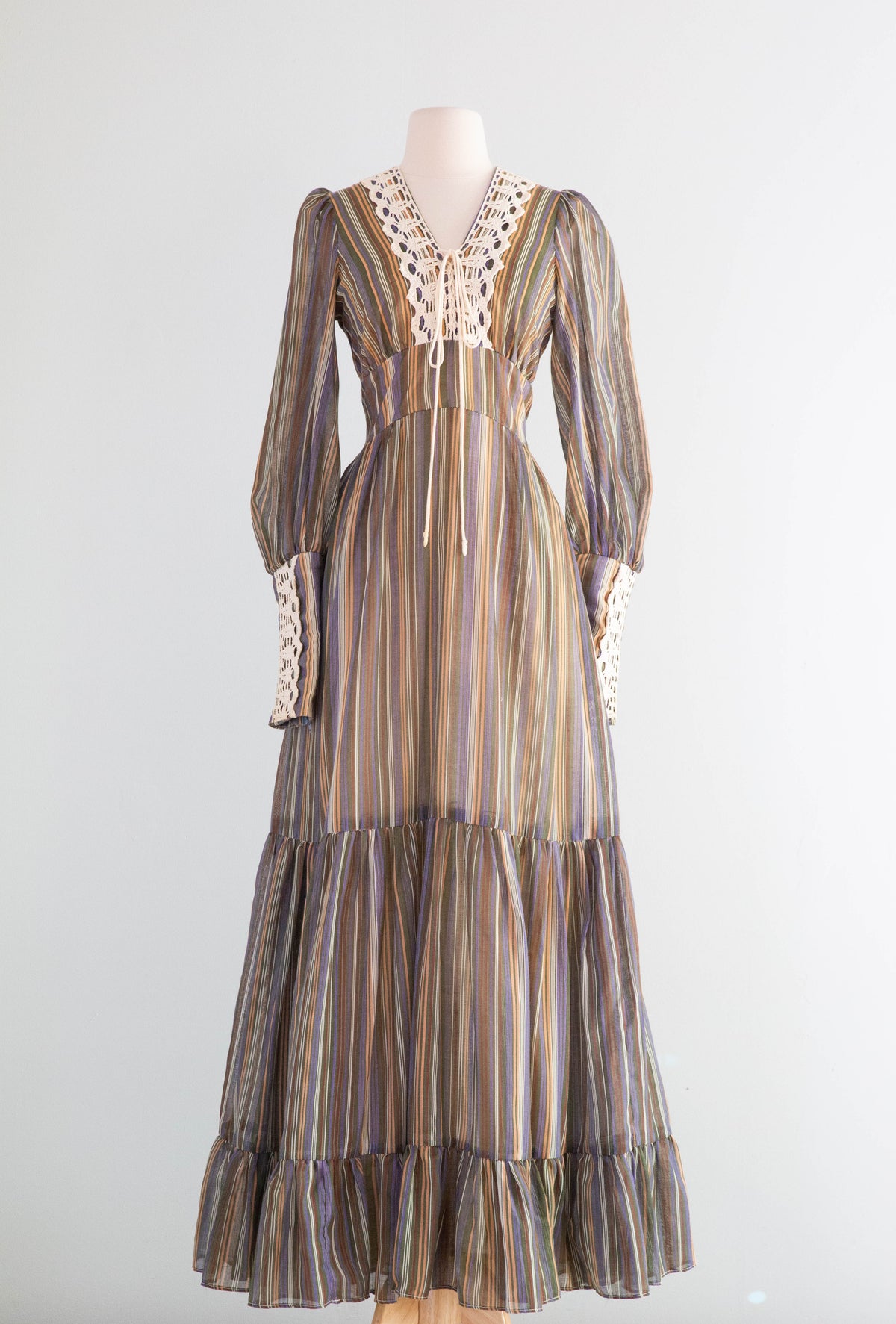 Romantic 1970's Gunne Sax Striped Prairie Dress With Lace-Up