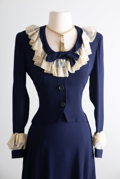 Darling 1940's Navy Blue Rayon Crepe Two Piece Set / Small
