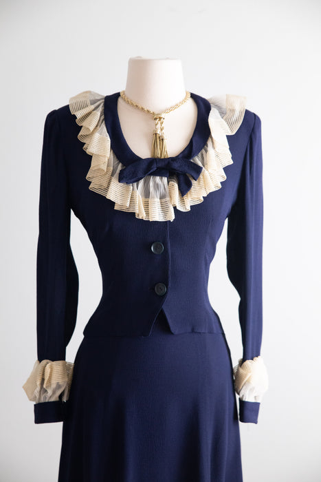Darling 1940's Navy Blue Rayon Crepe Two Piece Set / Small