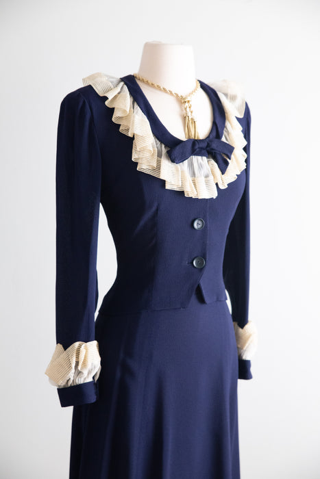 Darling 1940's Navy Blue Rayon Crepe Two Piece Set / Small