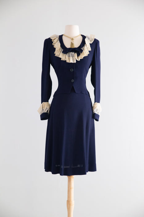 Darling 1940's Navy Blue Rayon Crepe Two Piece Set / Small