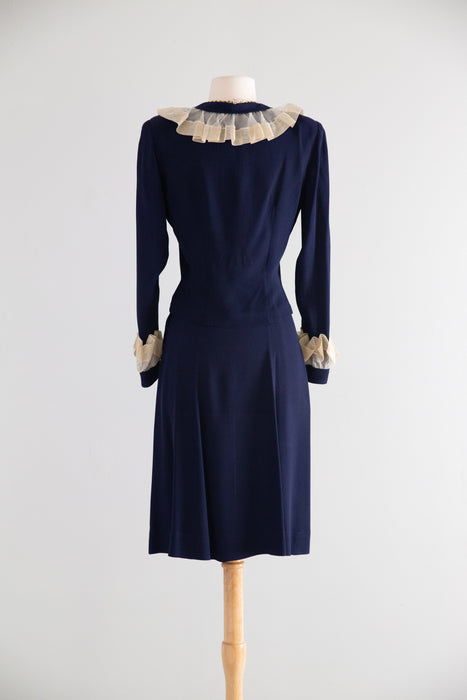 Darling 1940's Navy Blue Rayon Crepe Two Piece Set / Small