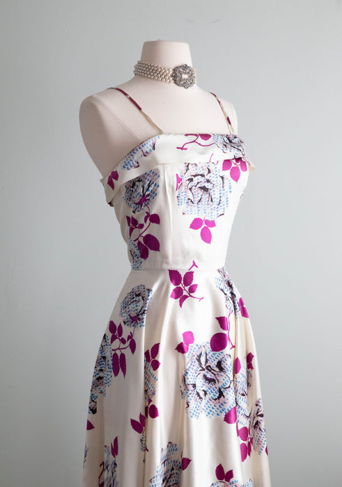 Stunning 1940's Rose Print Slipper Satin Evening Gown By Belcoda / Small