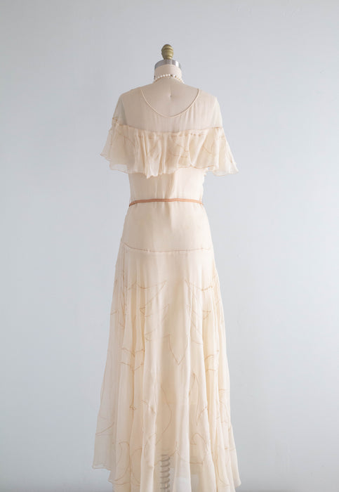 Gorgeous Late 1920's Afternoon Dress In Candlelight Silk Chiffon / Small