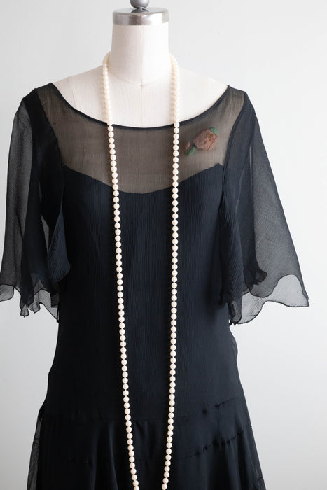 Elegant Late 1920's Navy Blue Silk Chiffon Afternoon Dress / Small