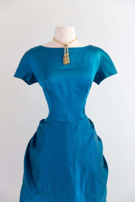 Exquisite 1950's Cerulean Blue Silk Satin Demi Couture Cocktail Dress By Mike Anthony / M