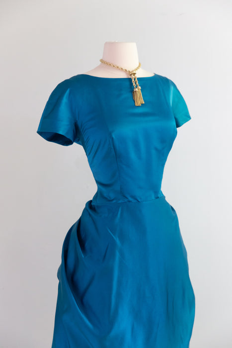 Exquisite 1950's Cerulean Blue Silk Satin Demi Couture Cocktail Dress By Mike Anthony / M