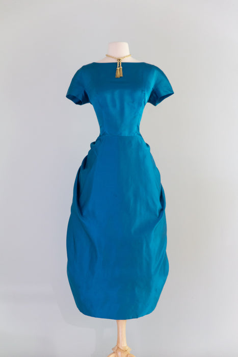 Exquisite 1950's Cerulean Blue Silk Satin Demi Couture Cocktail Dress By Mike Anthony / M