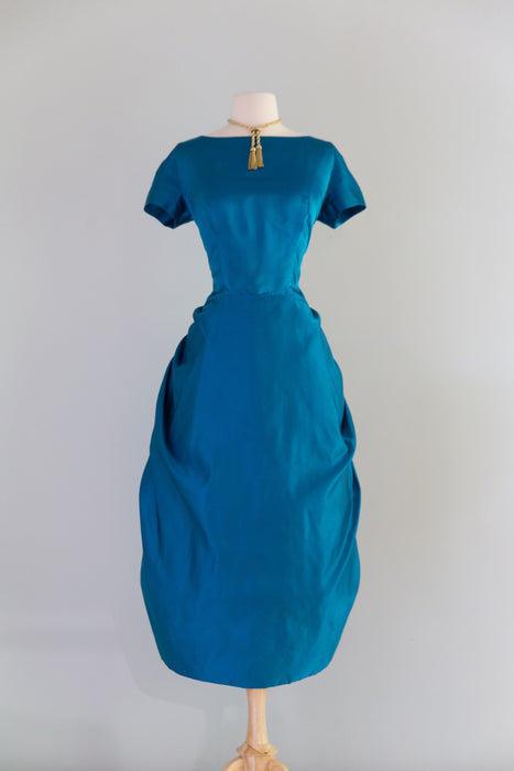 Exquisite 1950's Cerulean Blue Silk Satin Demi Couture Cocktail Dress By Mike Anthony / M