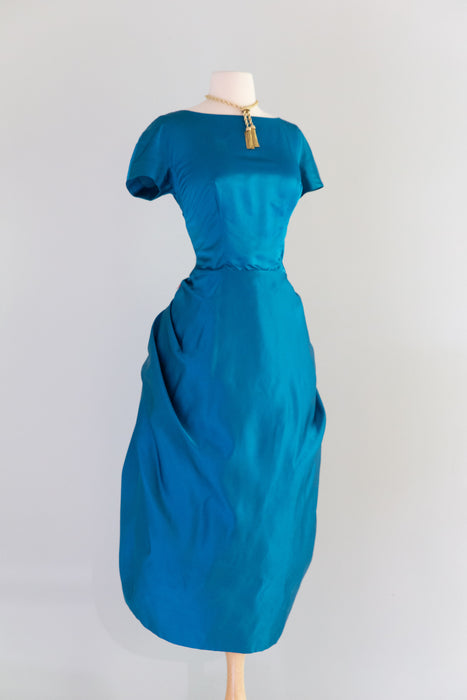 Exquisite 1950's Cerulean Blue Silk Satin Demi Couture Cocktail Dress Xtabay Vintage Exquisite 1950's Cerulean Blue Silk Satin Demi Couture Cocktail Dress Xtabay Vintage