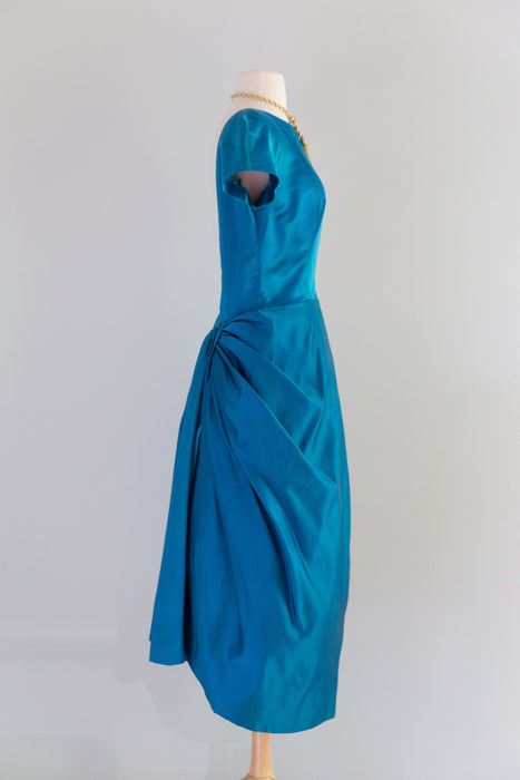 Exquisite 1950's Cerulean Blue Silk Satin Demi Couture Cocktail Dress By Mike Anthony / M