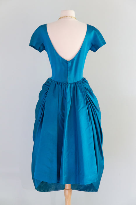 Exquisite 1950's Cerulean Blue Silk Satin Demi Couture Cocktail Dress By Mike Anthony / M
