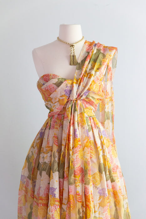 Spectacular 1950's Christian Dior Silk Floral "Nuit De Fete" Evening Gown / XS