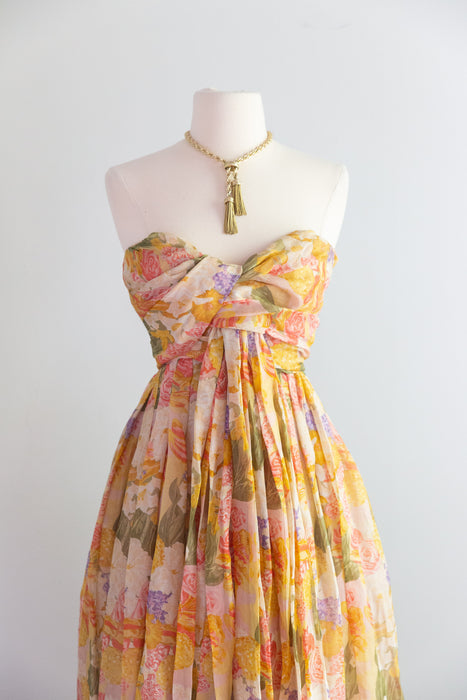 Spectacular 1950's Christian Dior Silk Floral "Nuit De Fete" Evening Gown / XS