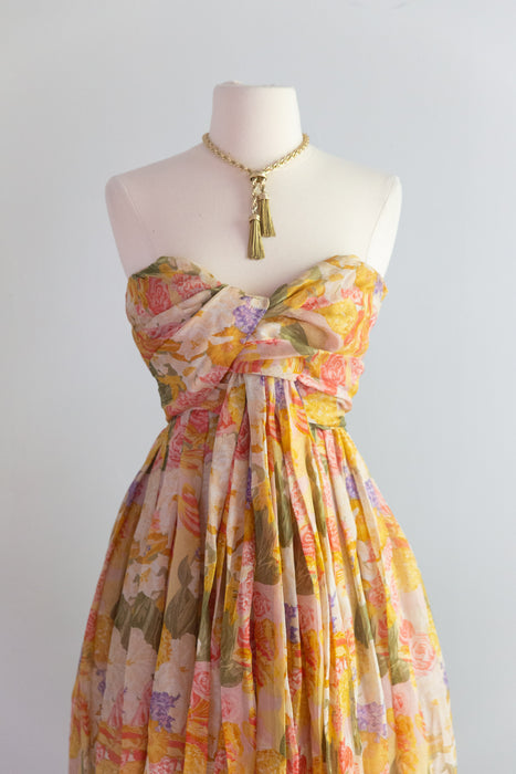 Spectacular 1950's Christian Dior Silk Floral "Nuit De Fete" Evening Gown / XS