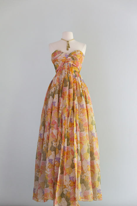 Spectacular 1950's Christian Dior Silk Floral "Nuit De Fete" Evening Gown / XS