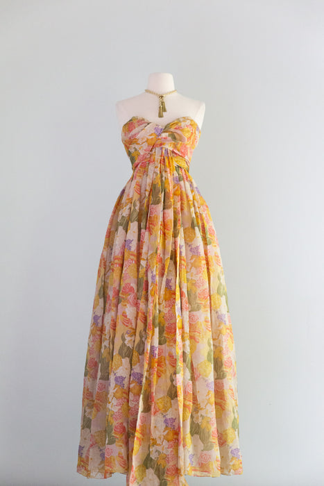 Spectacular 1950's Christian Dior Silk Floral "Nuit De Fete" Evening Gown / XS