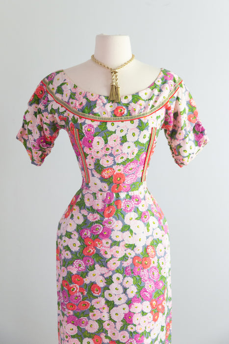 Stunning 1950's Designer Tina Leser Documented Carnation Cocktail Dress / Small
