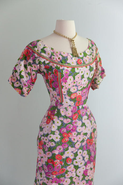 Stunning 1950's Designer Tina Leser Documented Carnation Cocktail Dress / Small
